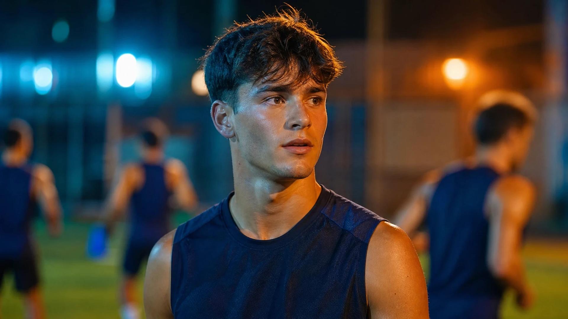 Carlos Espi in training gear at a training ground, surrounded by blurred teammates.