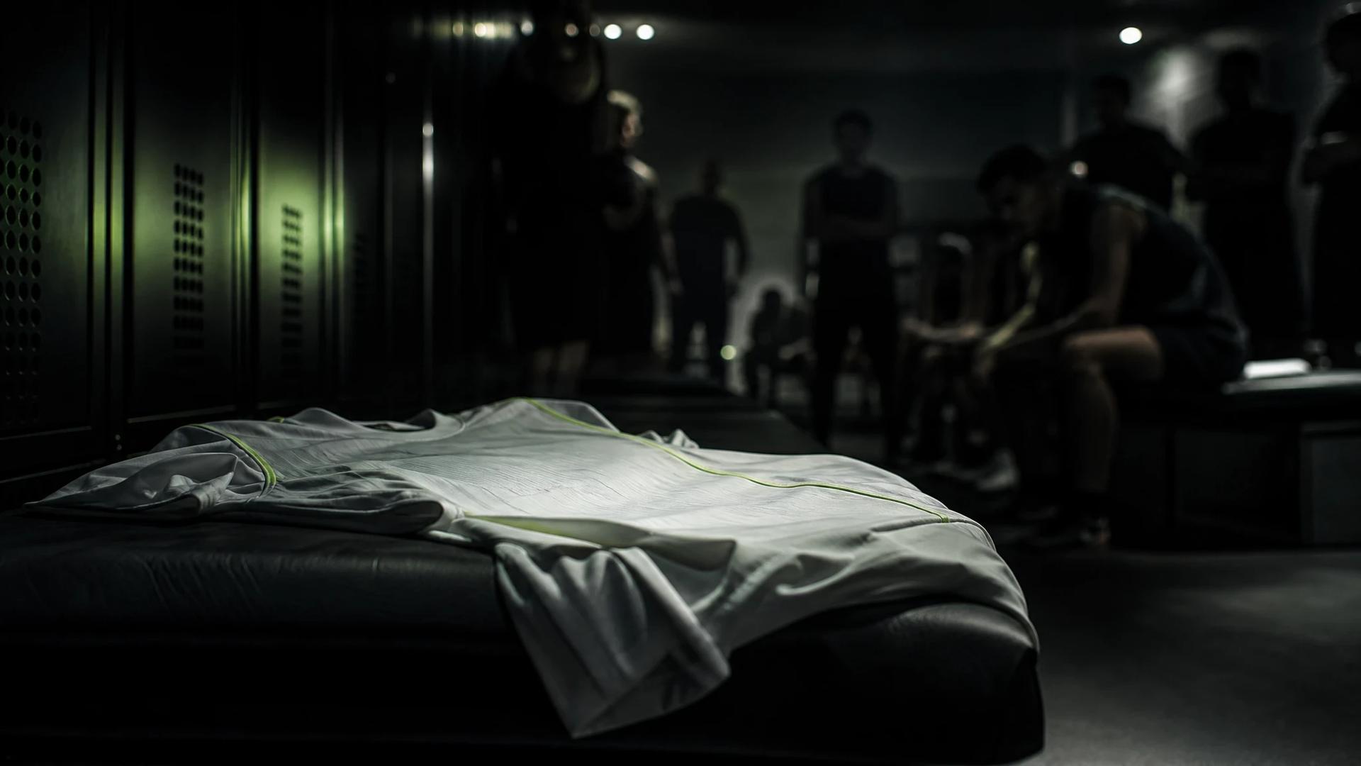 A dimly lit football locker room with a white training kit on a black bench, illuminated by a spotlight.