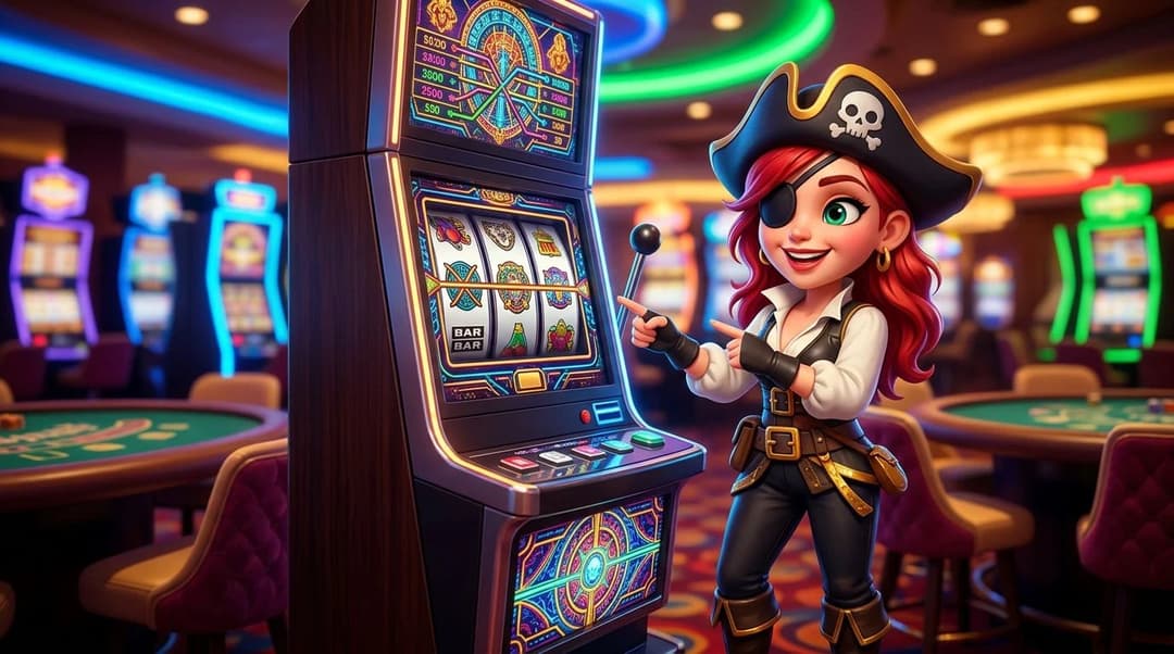 A cheerful NordicSpins mascot stands beside a modern slot machine in a colorful casino setting.