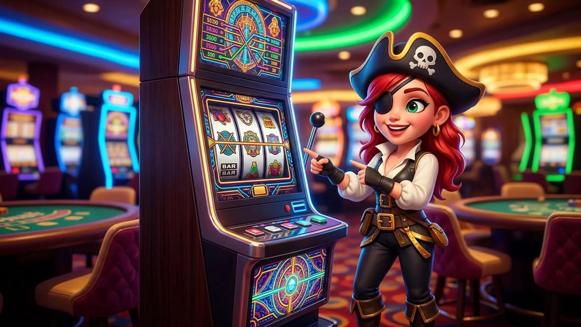 A cheerful NordicSpins mascot stands beside a modern slot machine in a colorful casino setting.