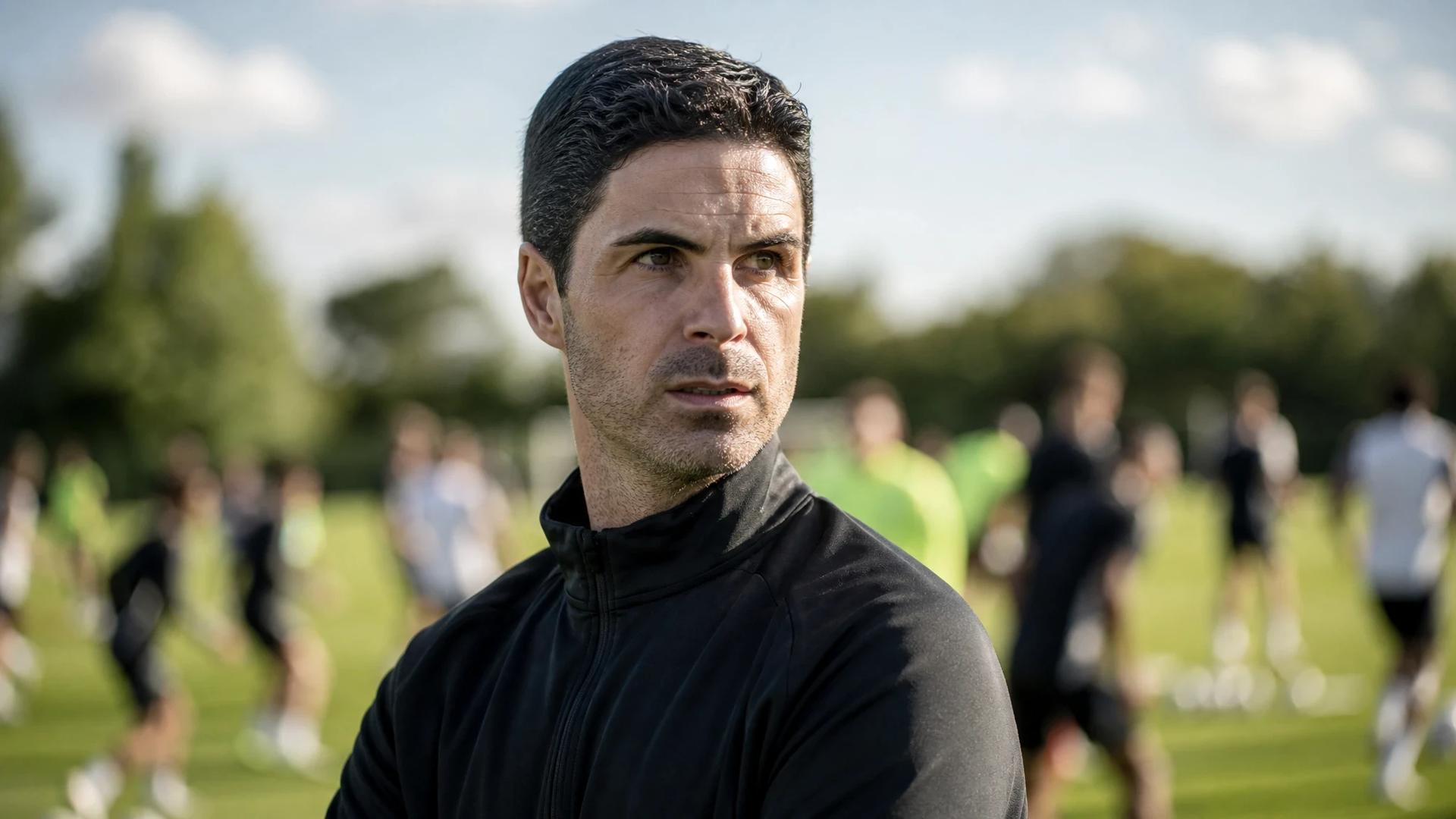 Mikel Arteta during a training session, focused and determined.