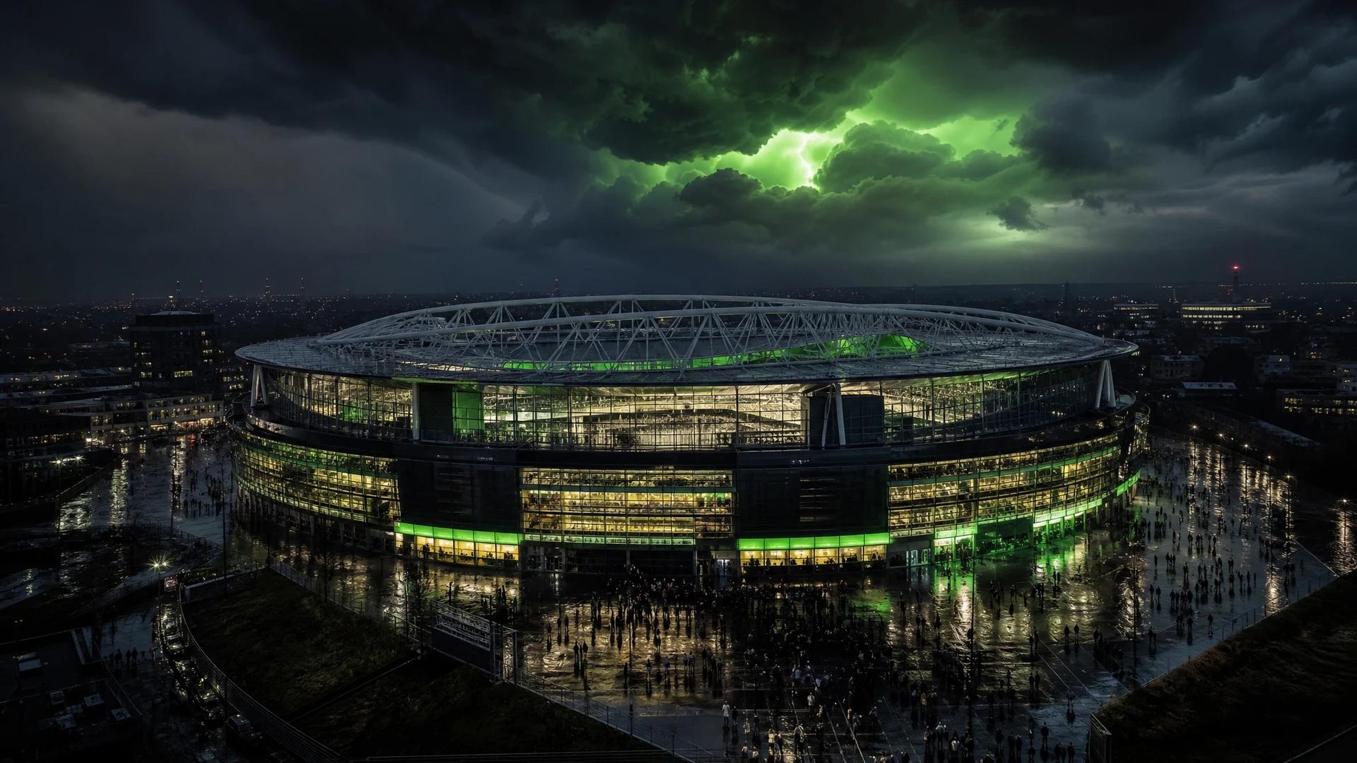 A dramatic wide shot of the Emirates Stadium under stormy skies, with hints of neon green illuminating parts of the structure.