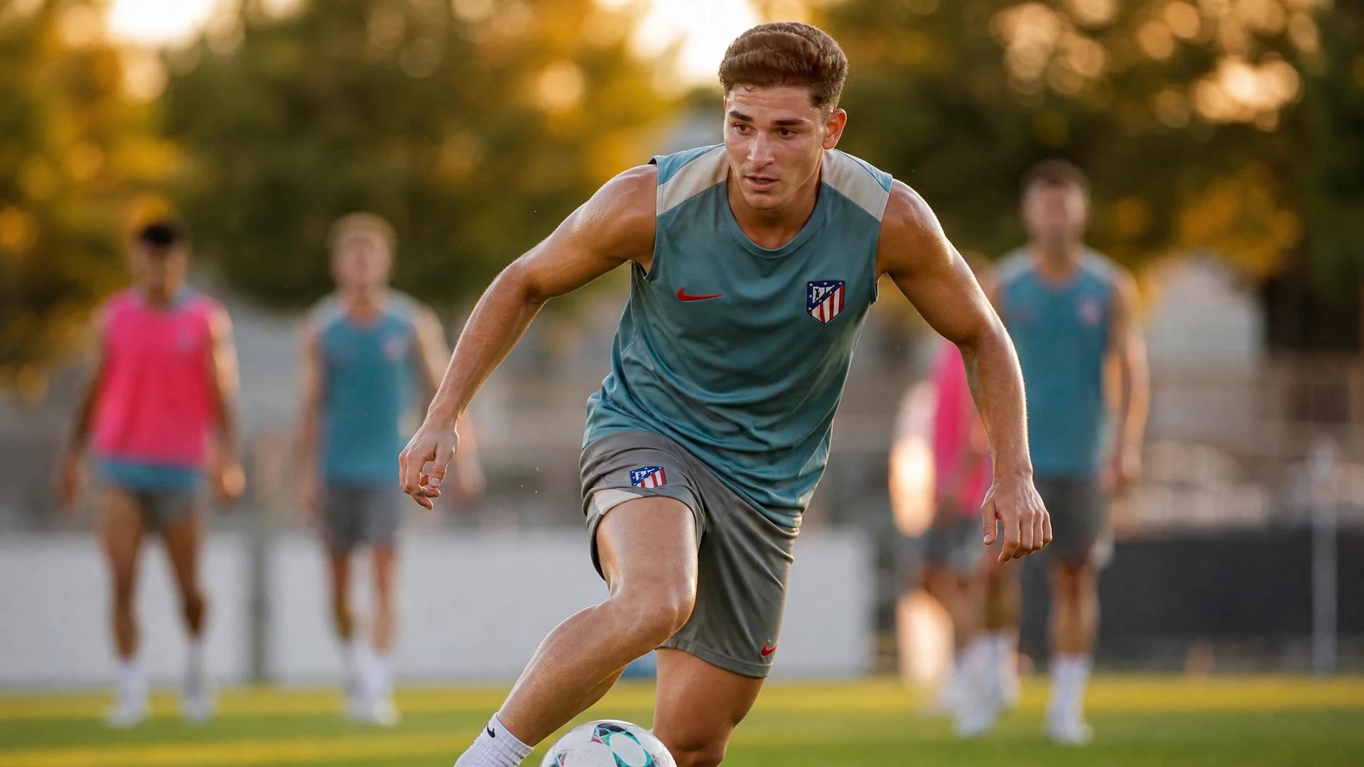 Julián Alvarez dribler ballen under trening med Atlético Madrid.