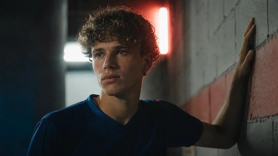Nicolò Tresoldi in a quiet moment of reflection in the stadium tunnel, lit by neon lights.