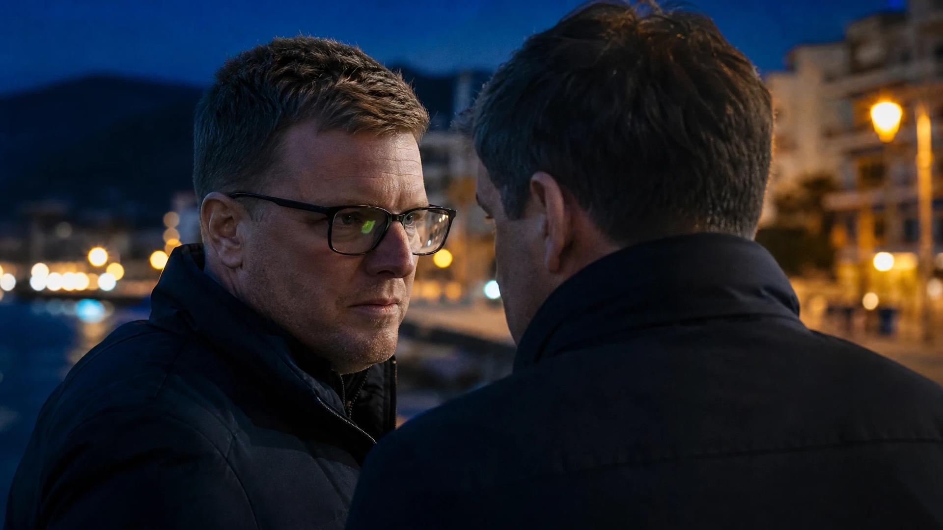 A close-up interaction between Eddie Howe and Ross Wilson during dusk.