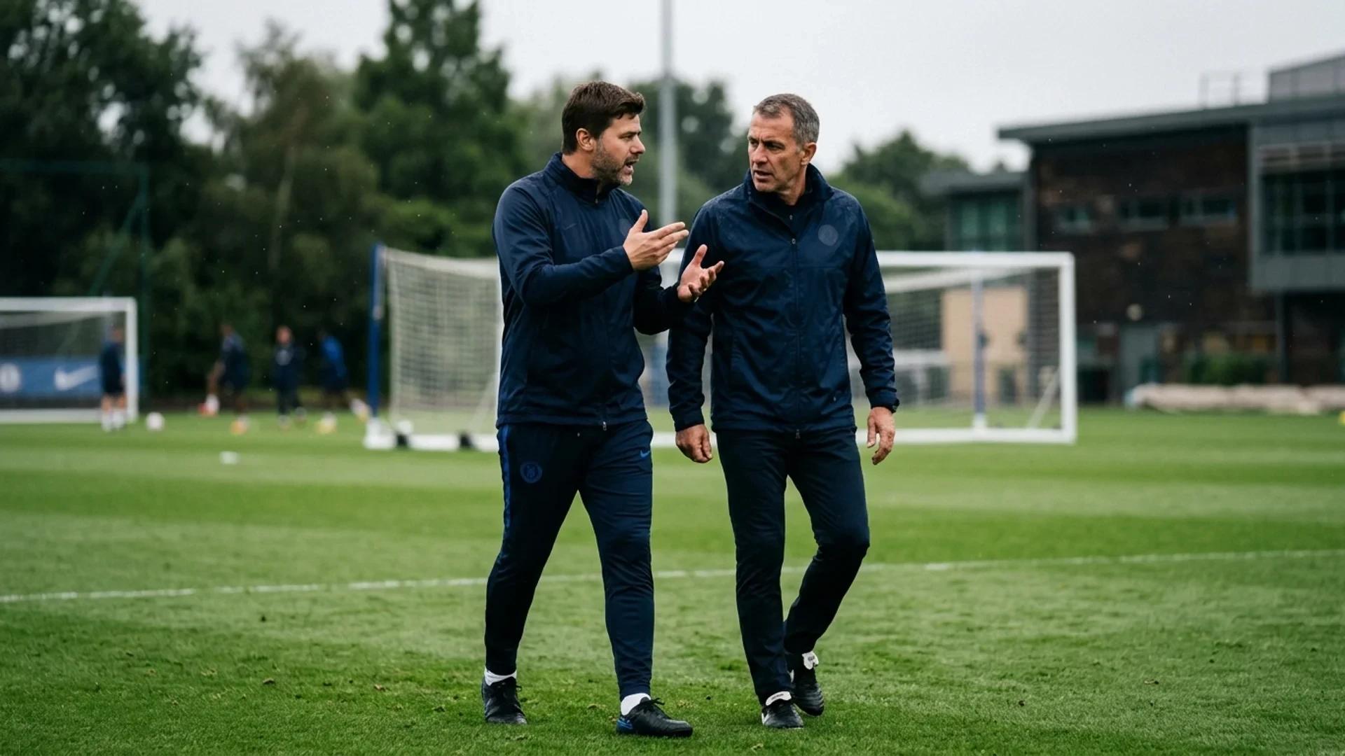 To personer fra Chelsea FC i intens diskusjon på treningsbanen.