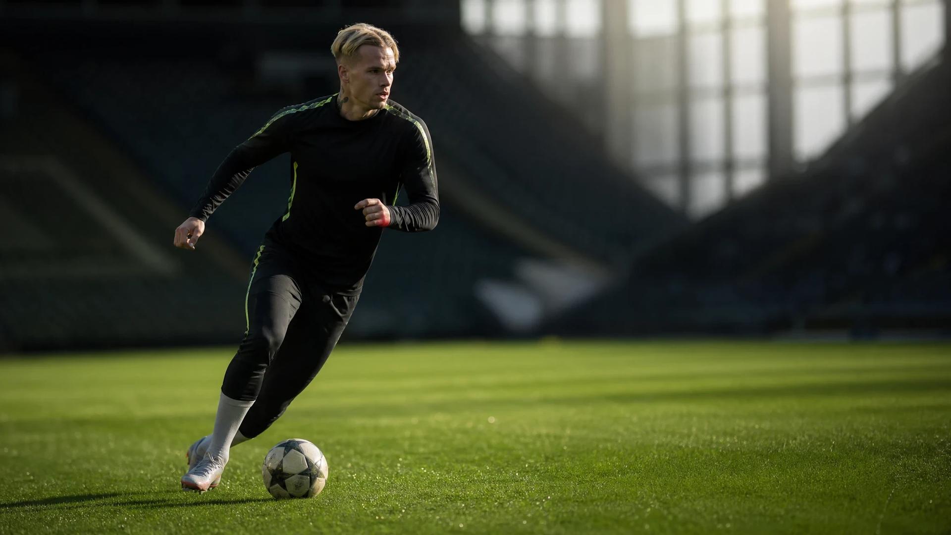 Mykhailo Mudryk dribbling a football on a pitch, with a focused expression.