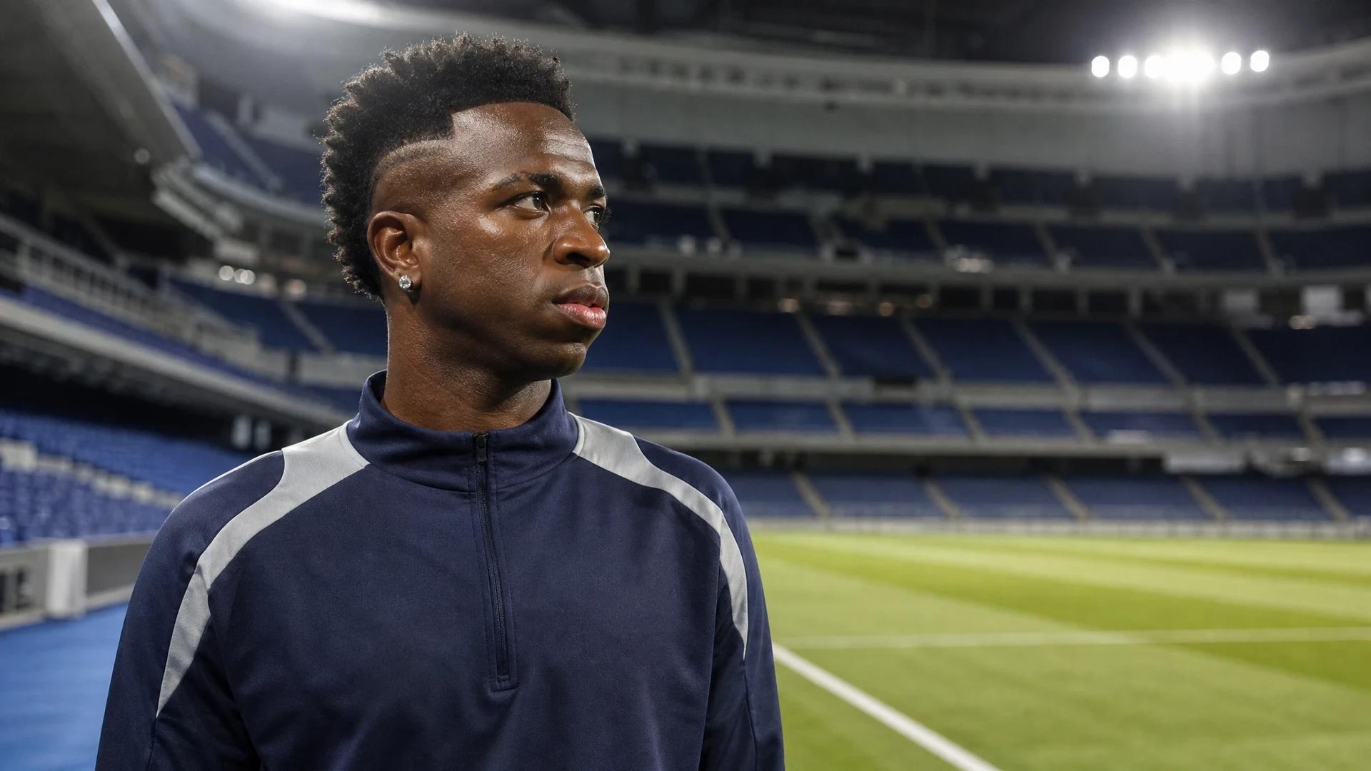 Vinícius Jr. stands pensive on a football pitch, illuminated by cold fluorescent light.