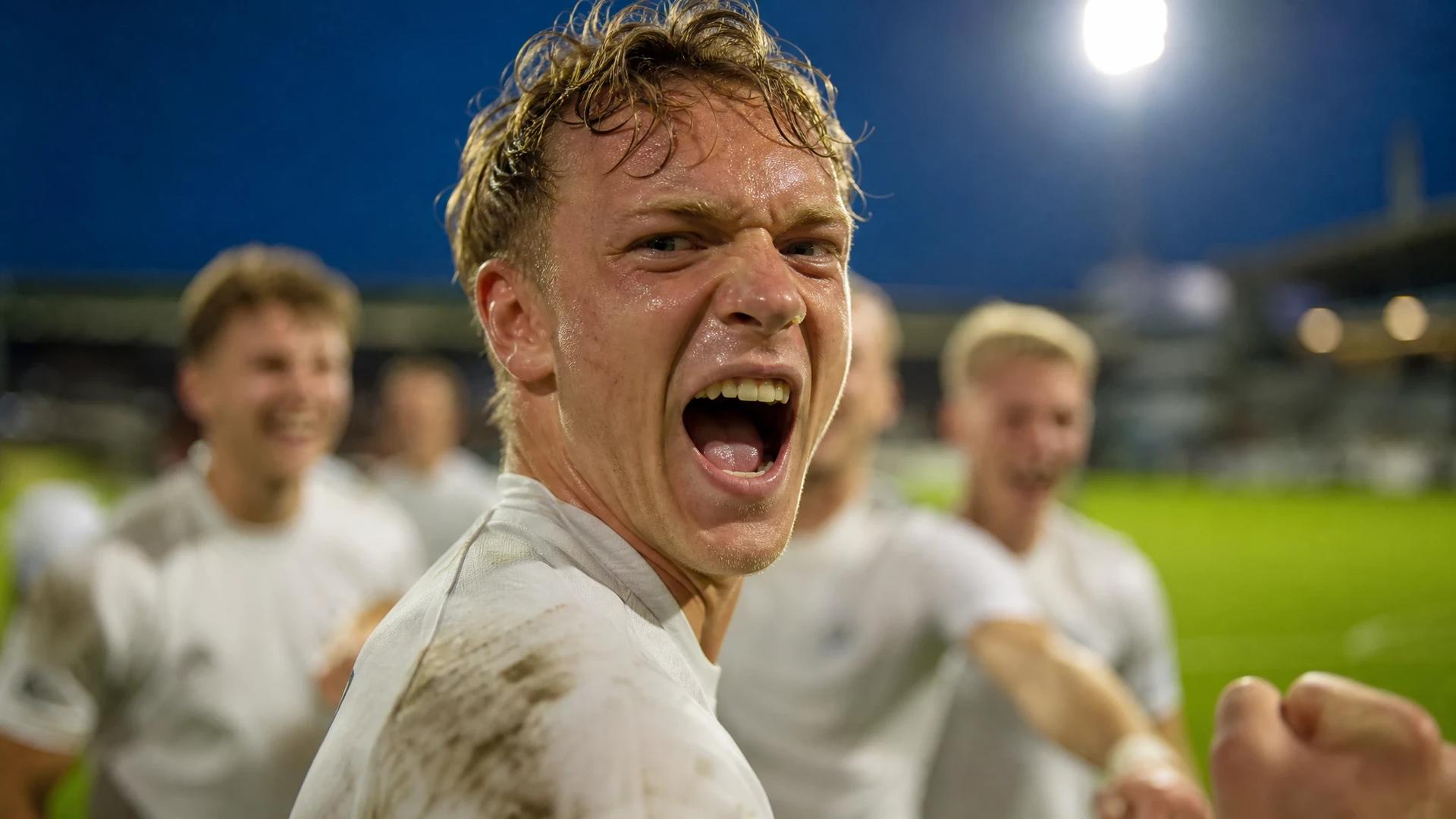 Ole Didrik Blomberg celebrating after scoring a goal during a football match.
