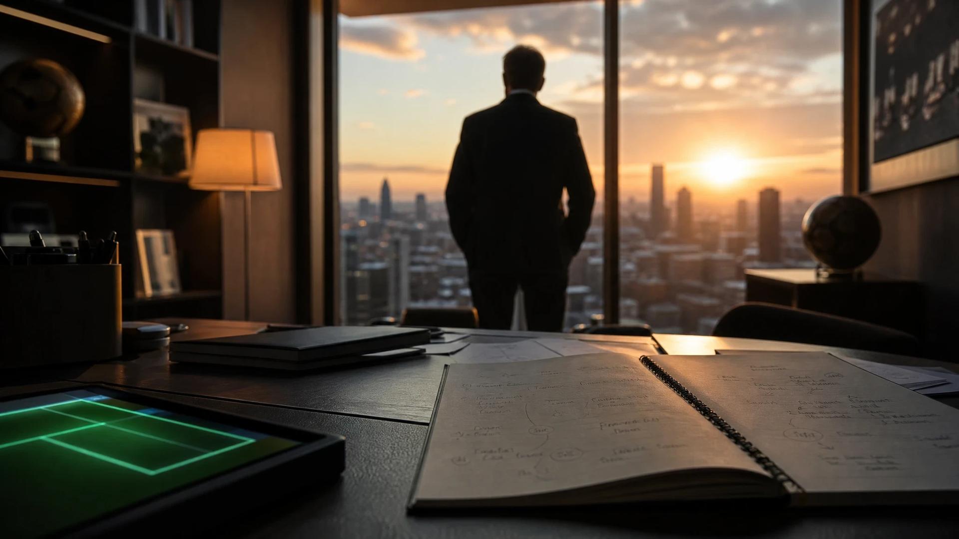 A silhouetted football agent in an office, illuminated by golden light from a window with a digital device glowing neon green.