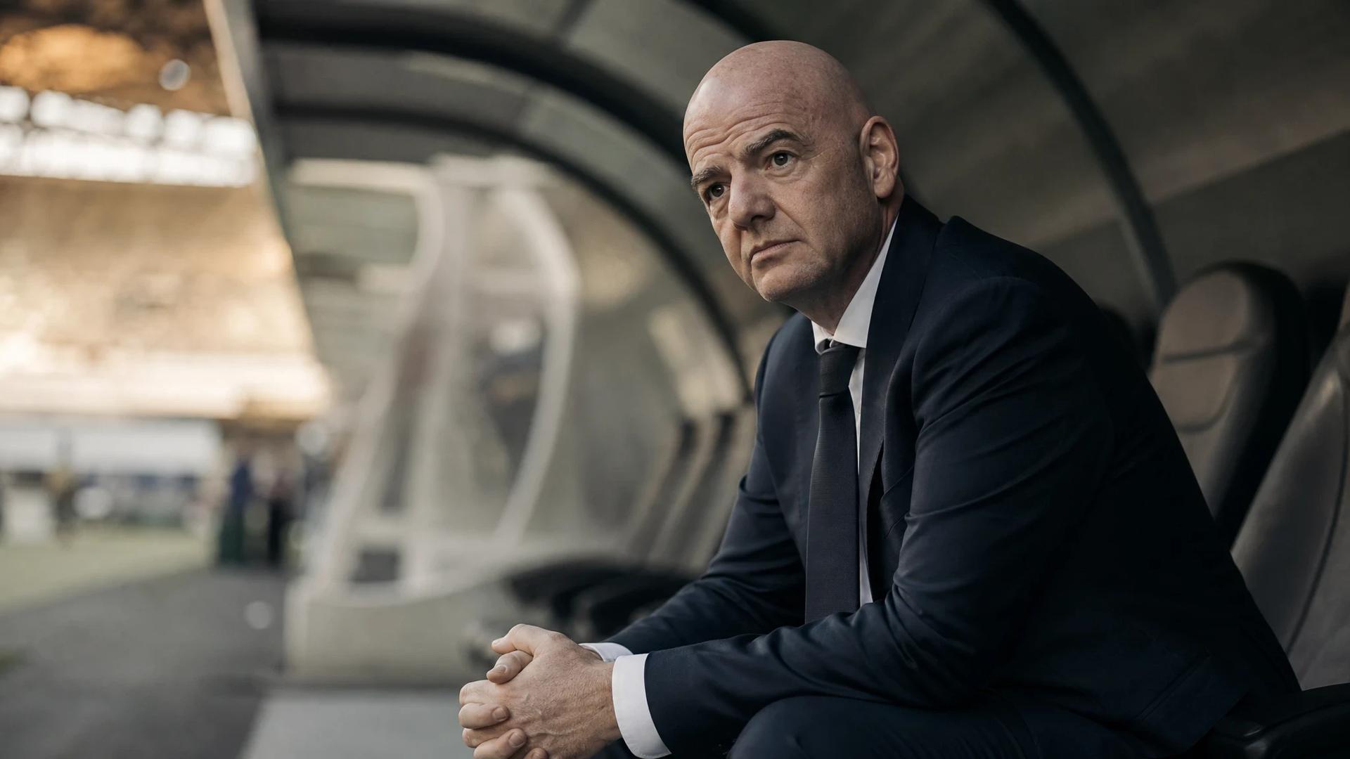 Gianni Infantino sitting pensively in the players' tunnel, with soft natural light illuminating his face.