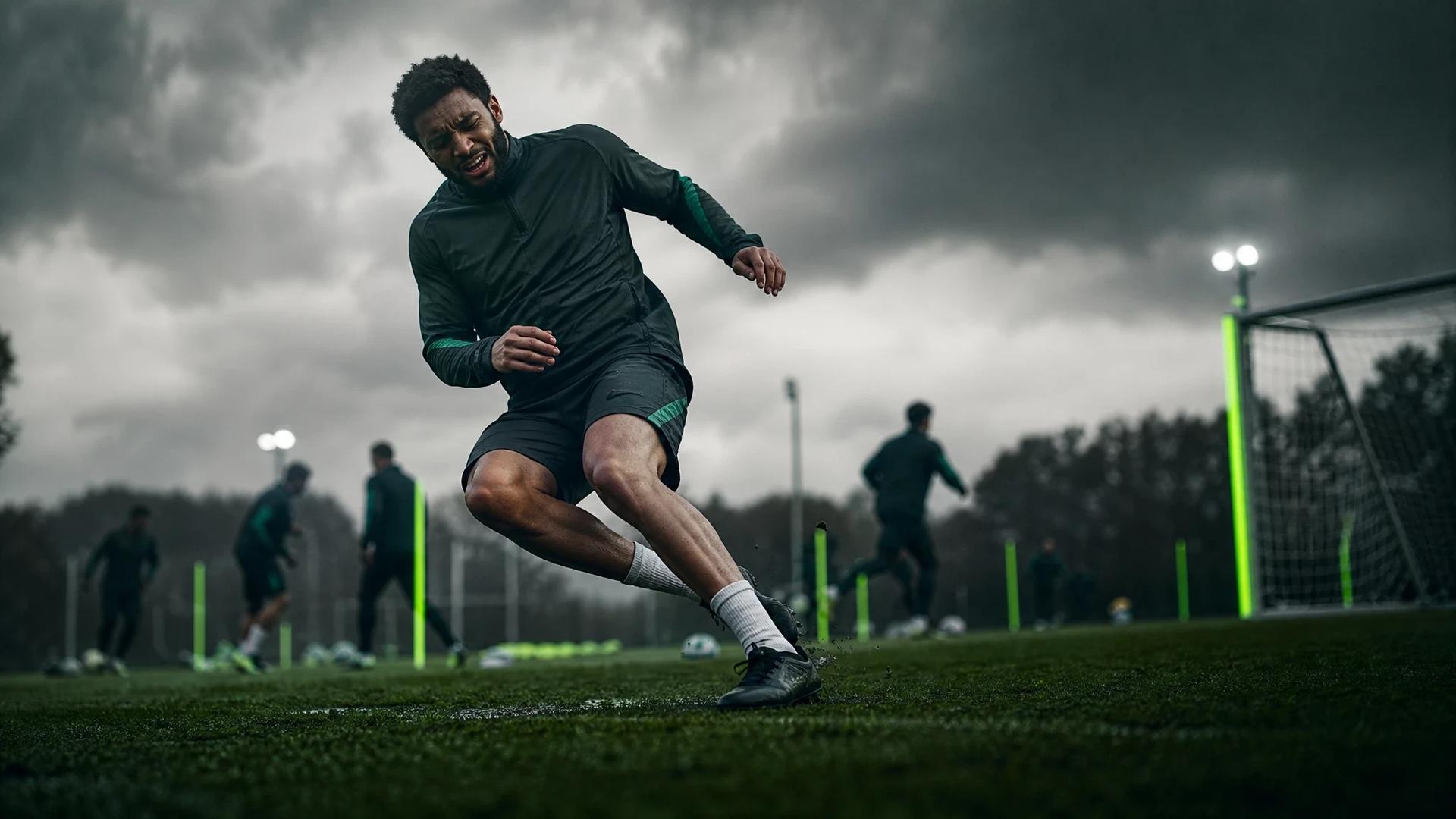 A tense football training scene depicting an injured player with teammates blurred in the background.