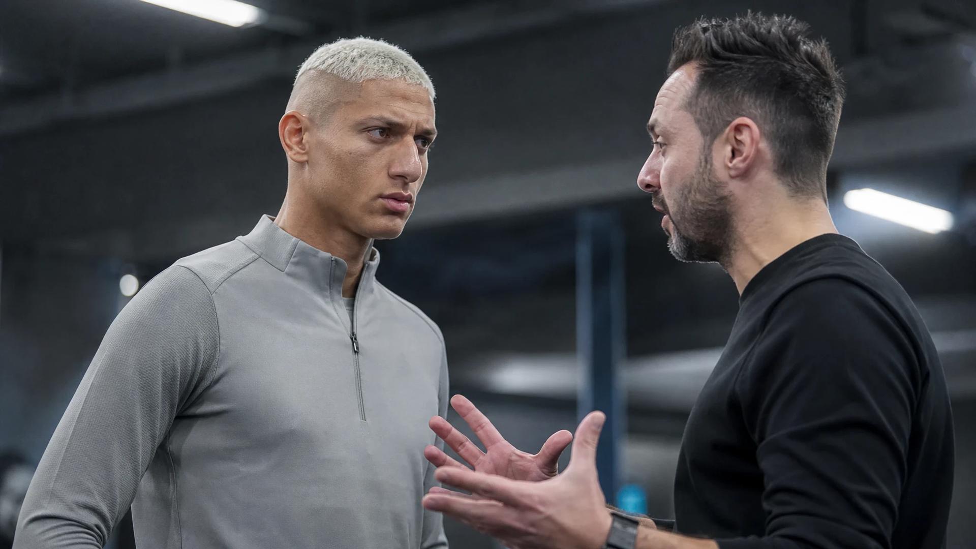 Richarlison and Roberto De Zerbi in a serious discussion in a training room.