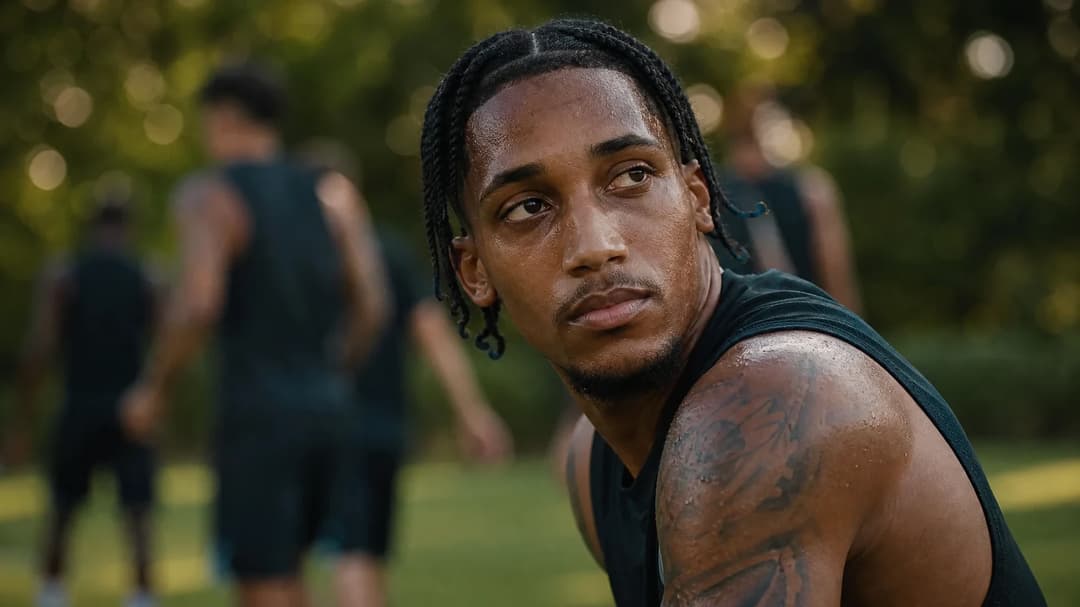 Close-up of João Pedro during a training session, expressing determination and focus.