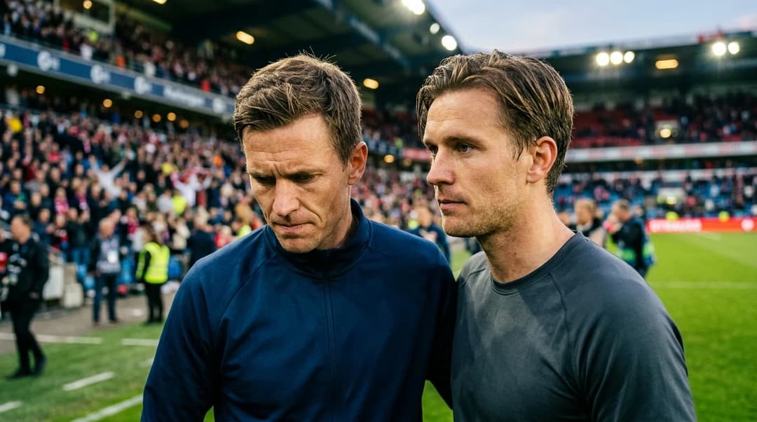 Erlend Segberg and Mikael Ugland standing on the edge of the football pitch, their expressions reflecting a mix of disappointment and determination.