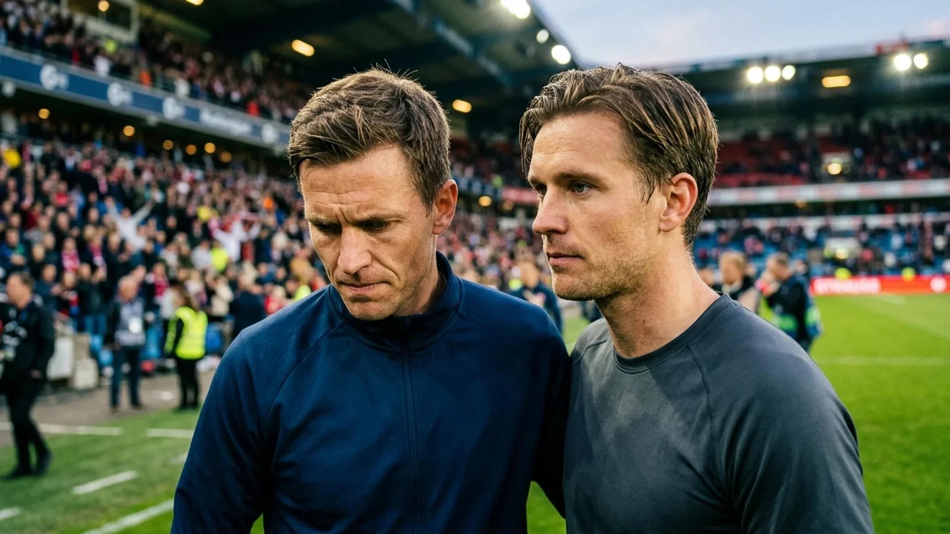 Erlend Segberg and Mikael Ugland standing on the edge of the football pitch, their expressions reflecting a mix of disappointment and determination.