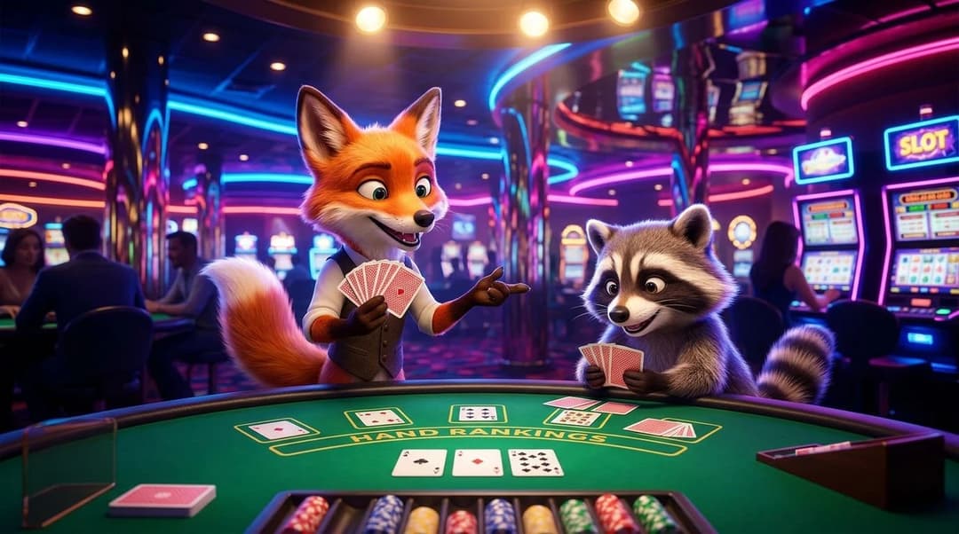 Two mascots from NordicSpins engaged in a poker game at a neon-lit casino table.