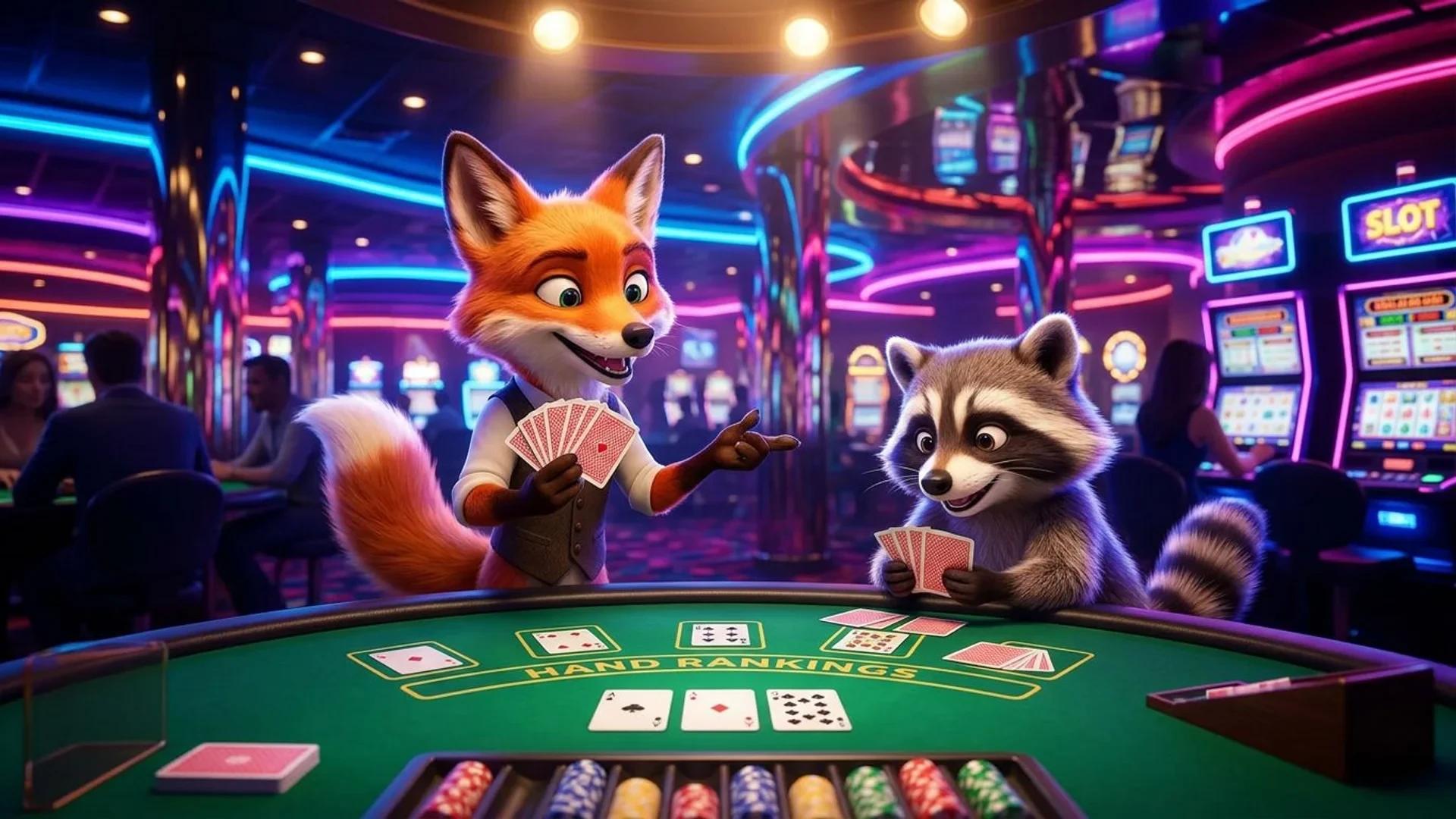 Two mascots from NordicSpins engaged in a poker game at a neon-lit casino table.