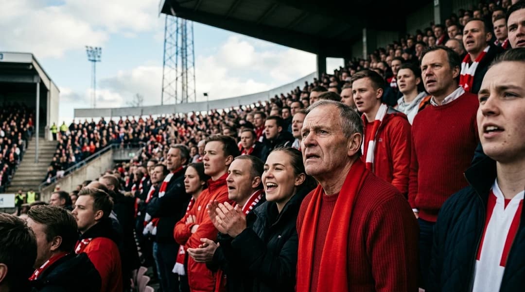 A low-angle shot capturing passionate football fans in anticipation at Fredrikstad Stadion.