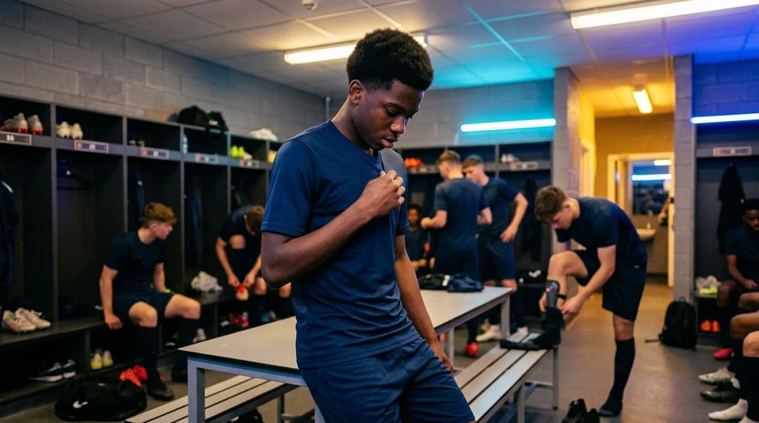 J.J. Gabriel adjusts his football gear in a colorful locker room.