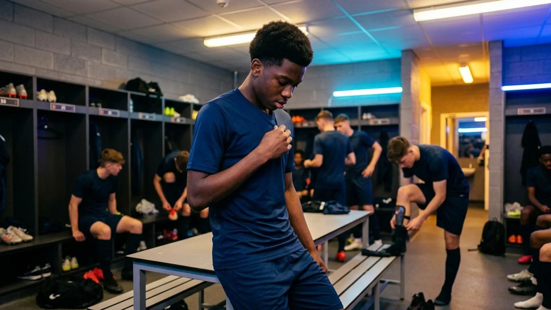 J.J. Gabriel adjusts his football gear in a colorful locker room.