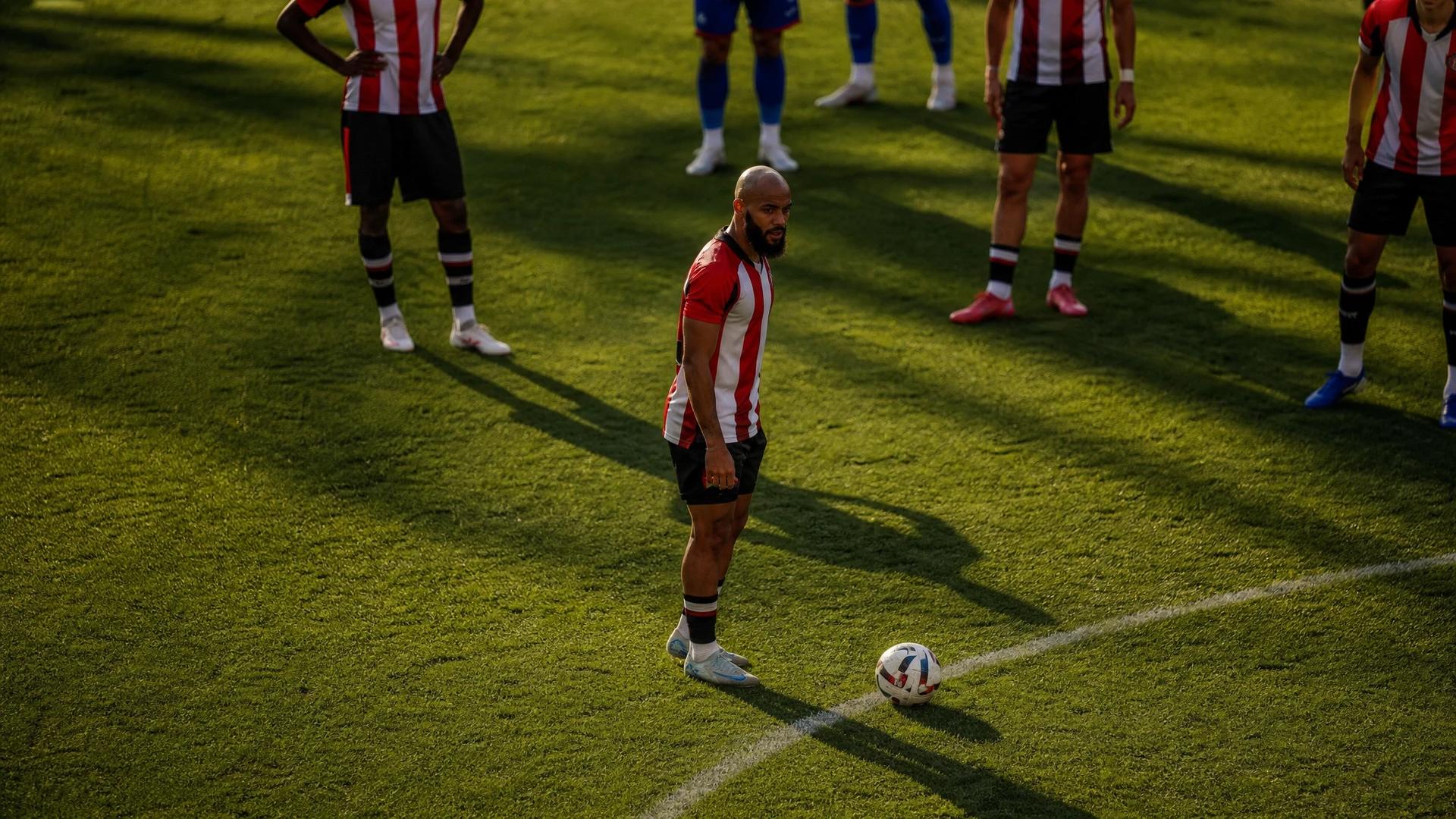 Bryan Mbeumo standing poised at the edge of the penalty box during a sports event.