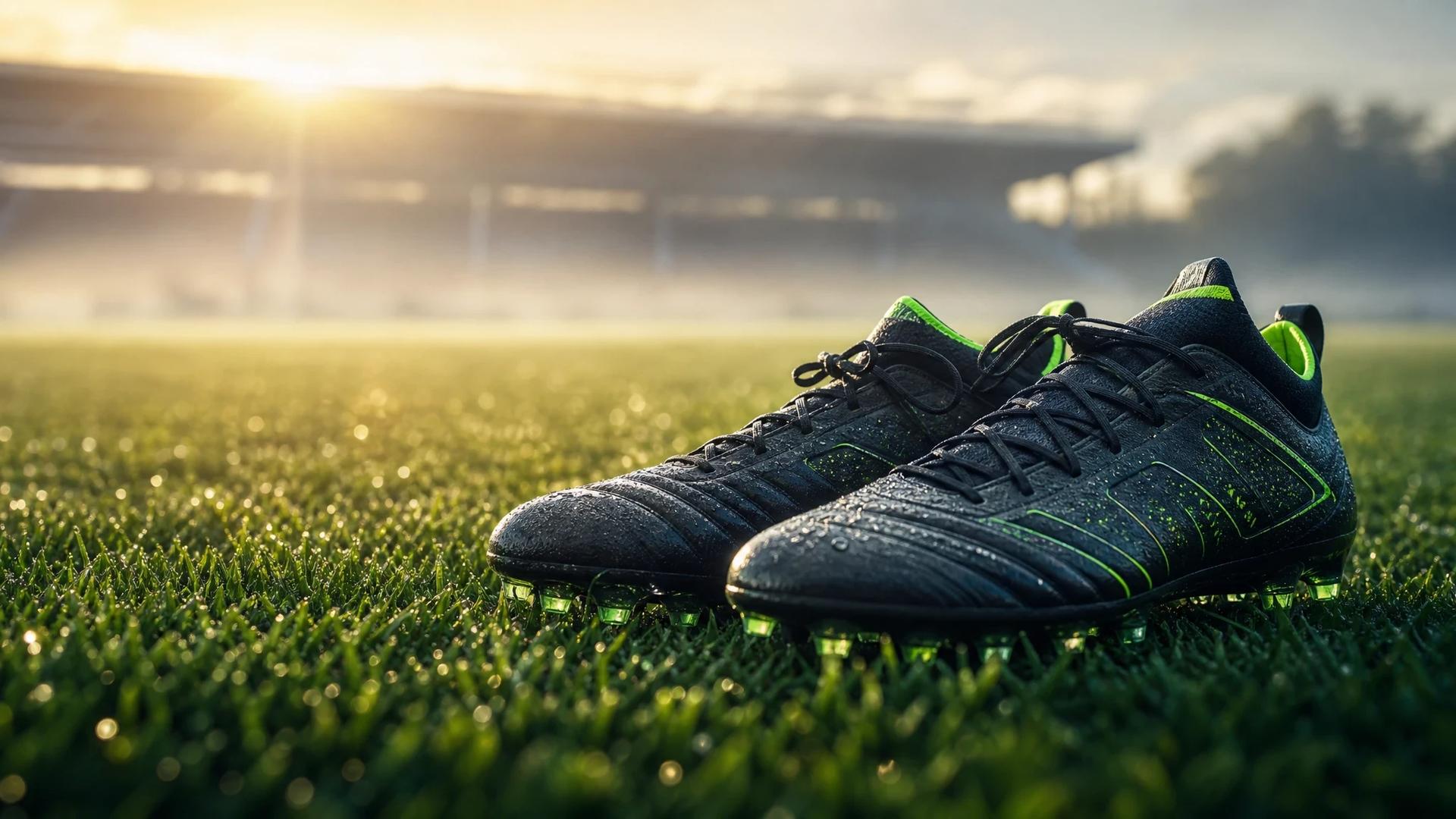 Close-up of football boots on grass with a blurred stadium in the background.