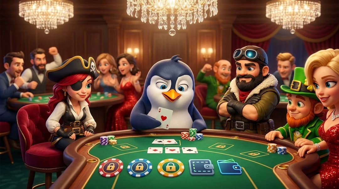 A NordicSpins mascot at a casino table game, examining cards with a focused expression.