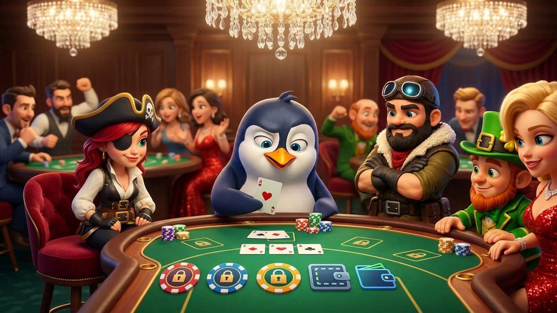 A NordicSpins mascot at a casino table game, examining cards with a focused expression.