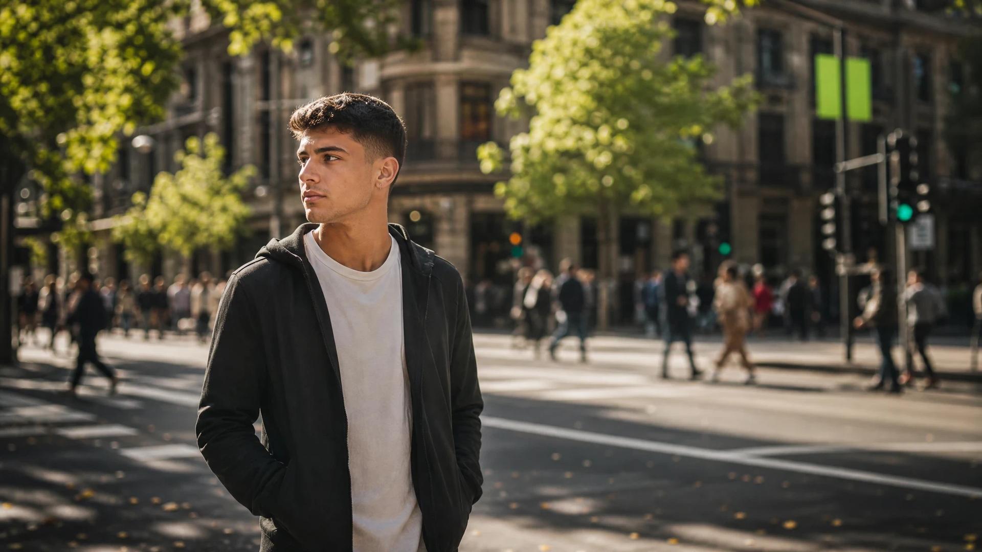 A young footballer symbolizing transition stands at a crossroads in an urban environment.