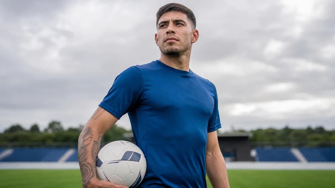 Pep Chavarría training with a soccer ball at a training ground under a cloudy sky.