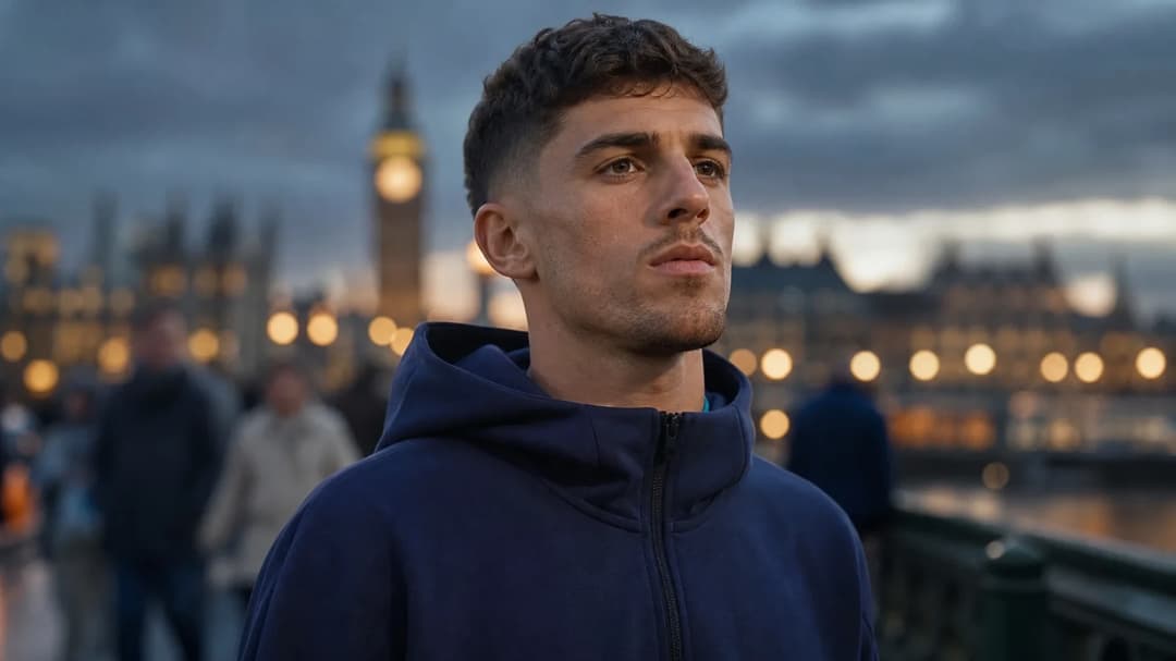 Pep Chavarría stands confidently with a blurred city background during dusk.