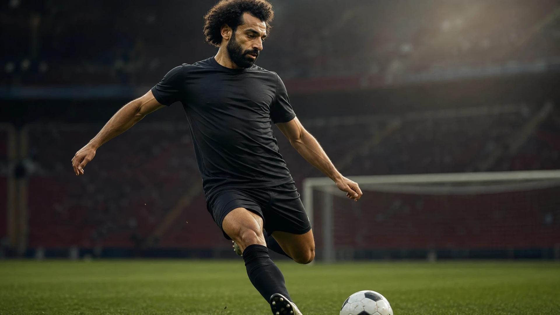 Mohamed Salah in action on a football pitch, focused and determined.