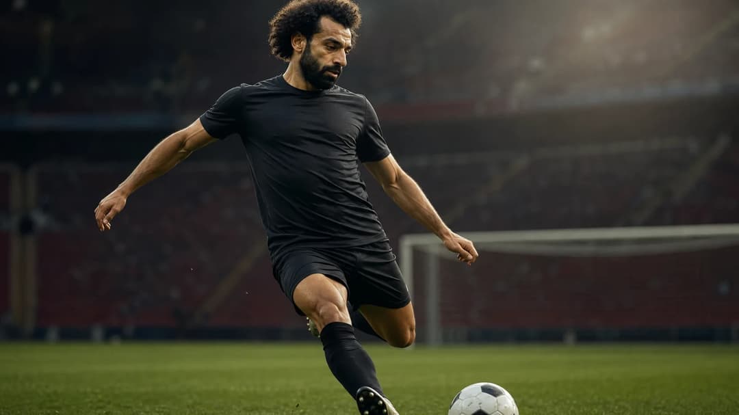 Mohamed Salah in action on a football pitch, focused and determined.