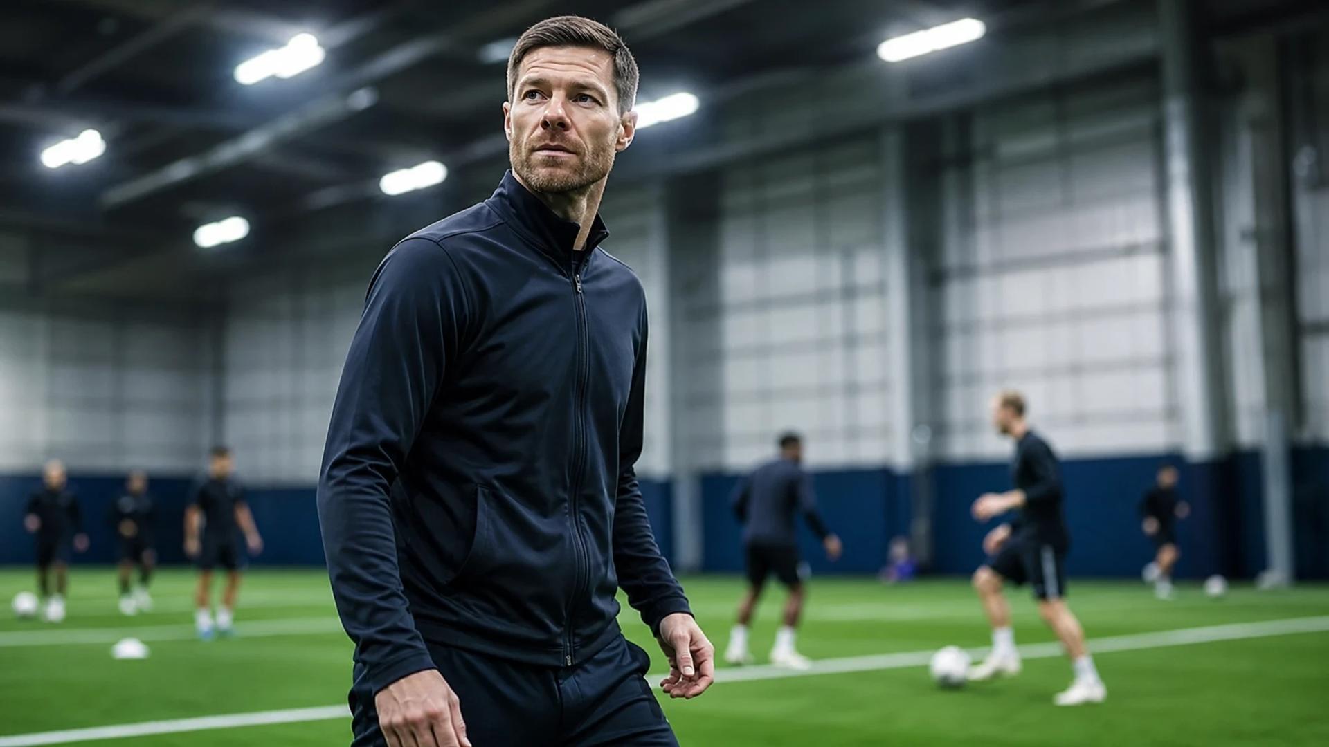 Xabi Alonso stands on the Chelsea training pitch, preparing to pass the ball.
