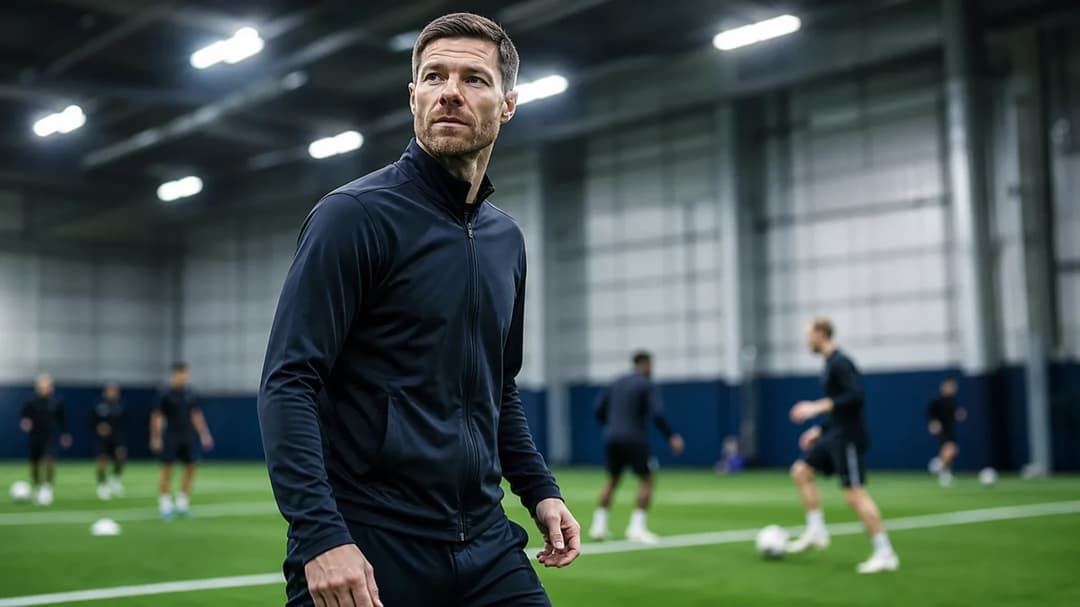 Xabi Alonso stands on the Chelsea training pitch, preparing to pass the ball.
