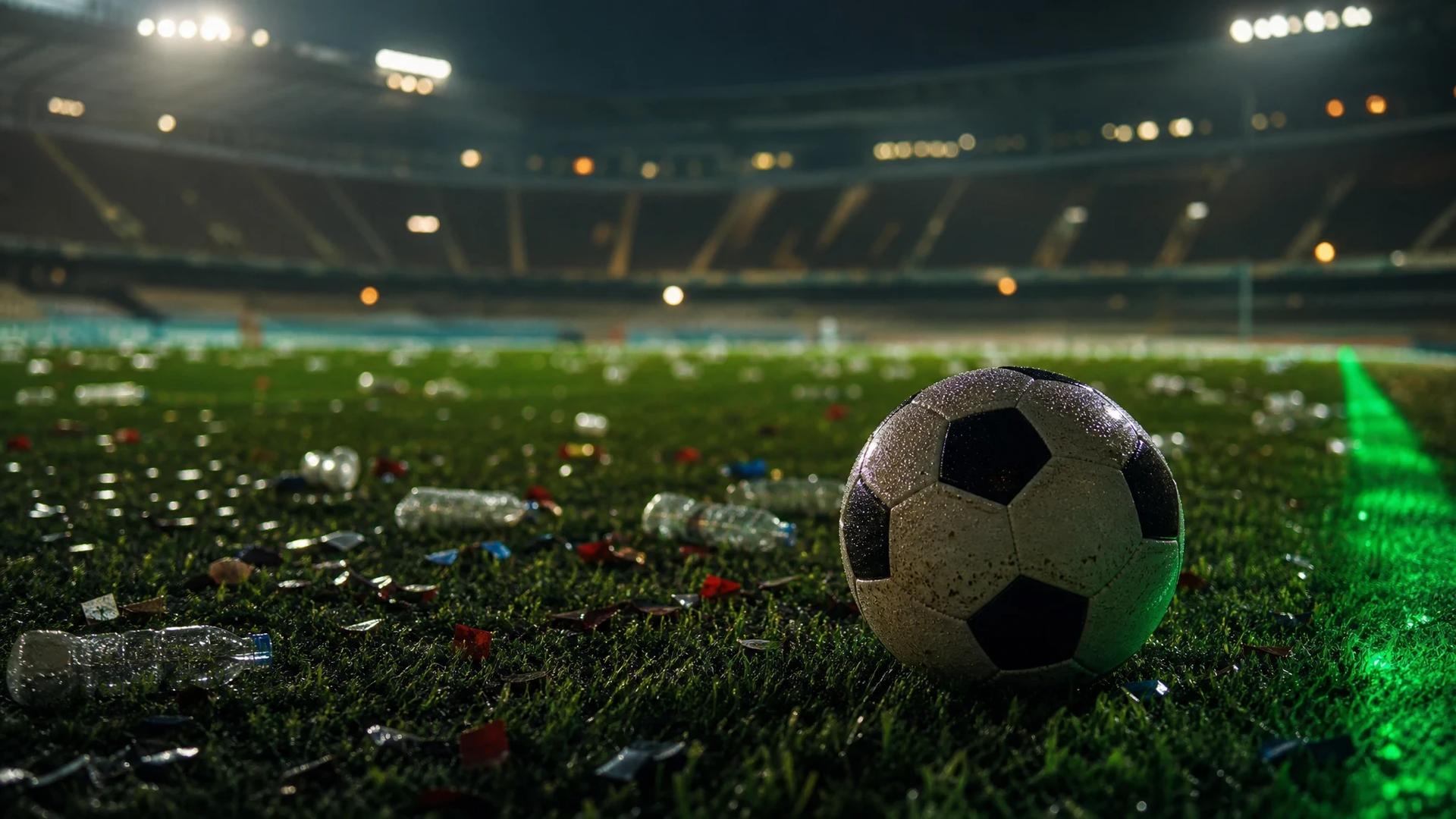 A football on the pitch surrounded by confetti after a match.