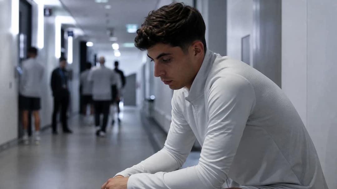 Kai Havertz sitting on a bench in a corridor, looking thoughtful.