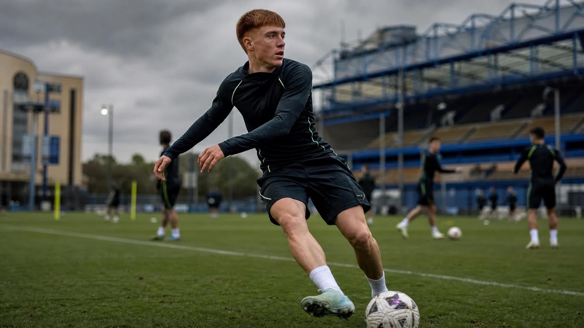 Valentín Barco training at Stamford Bridge, preparing to pass the ball.