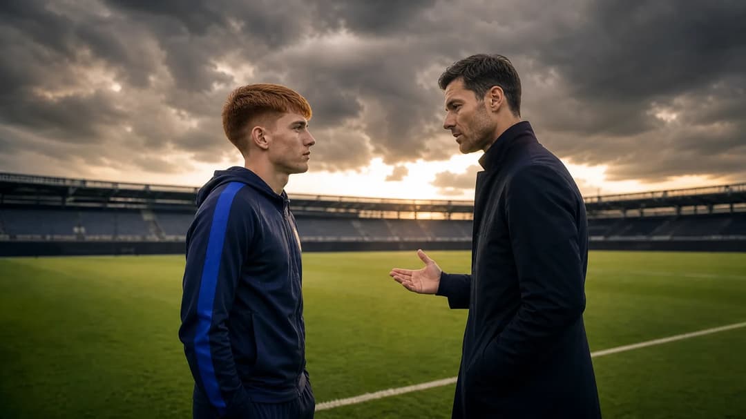 Valentín Barco and Xabi Alonso engaged in conversation on a football pitch.