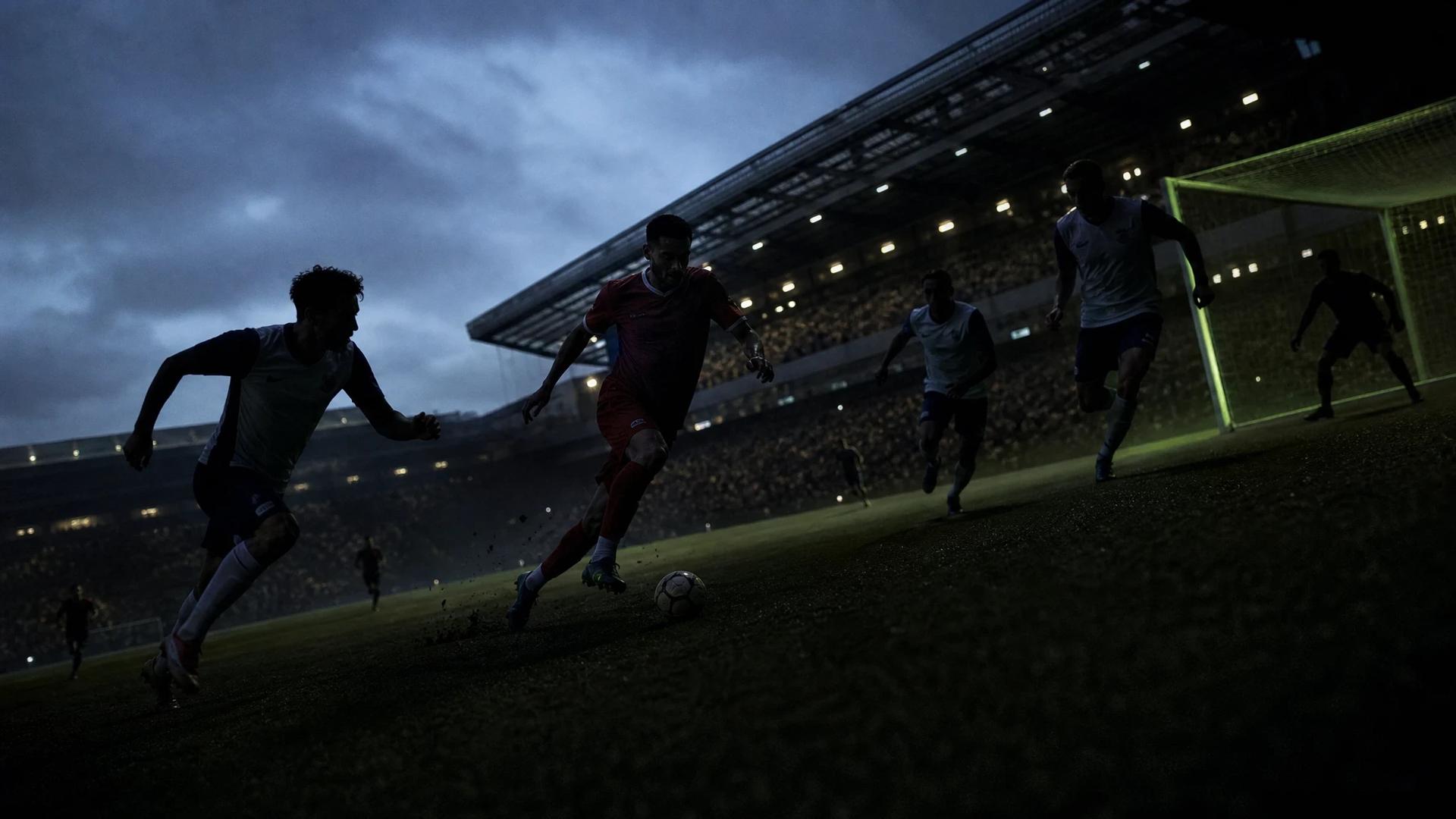 A tense football scene under a dusky blue hour, featuring silhouettes of players in action on a pitch with a softly glowing goal post.