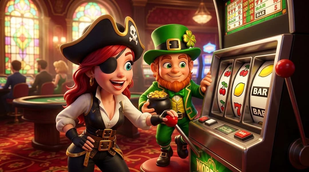 NordicSpins mascots gathered around a classic slot machine in a casino.