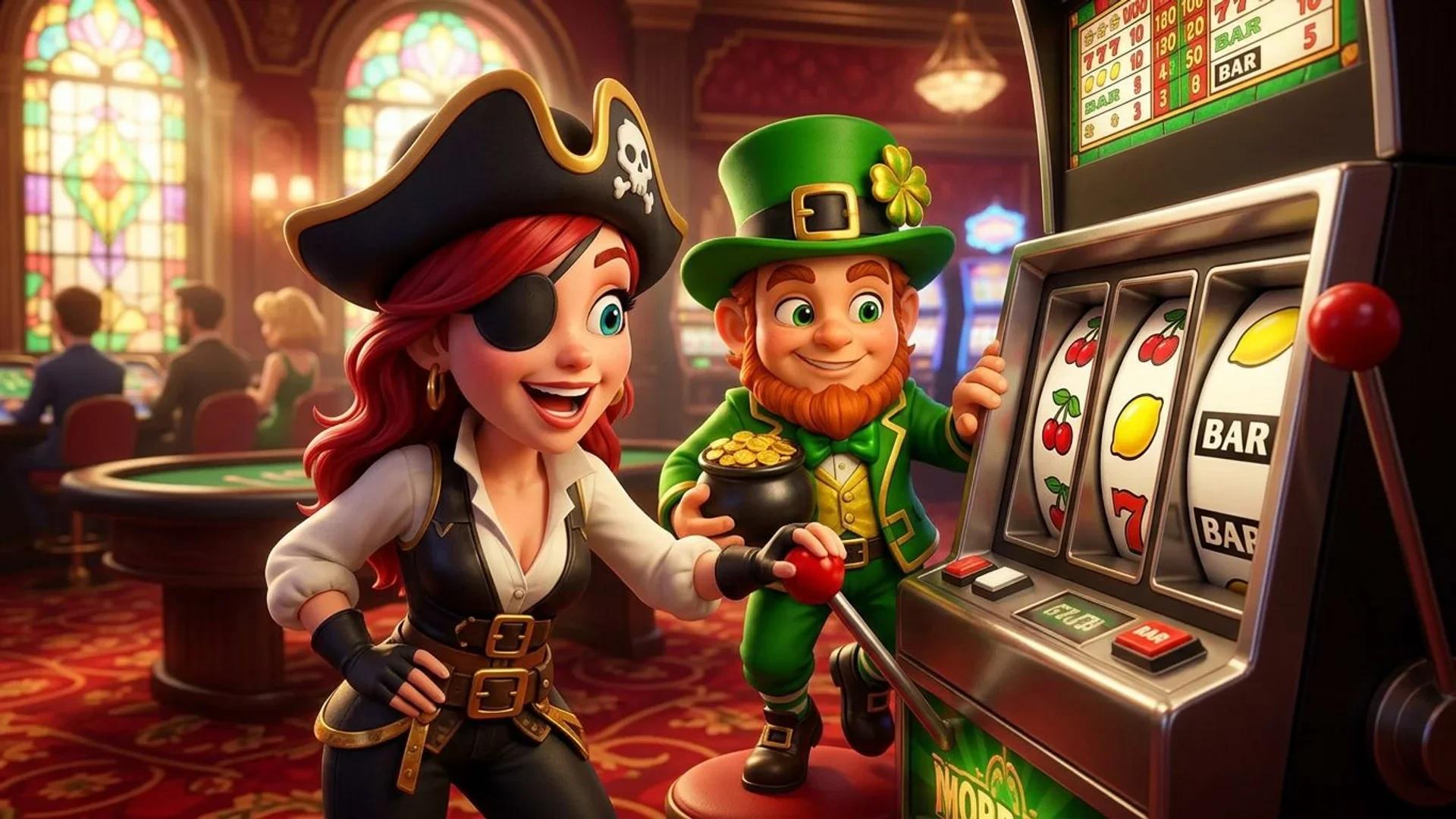 NordicSpins mascots gathered around a classic slot machine in a casino.