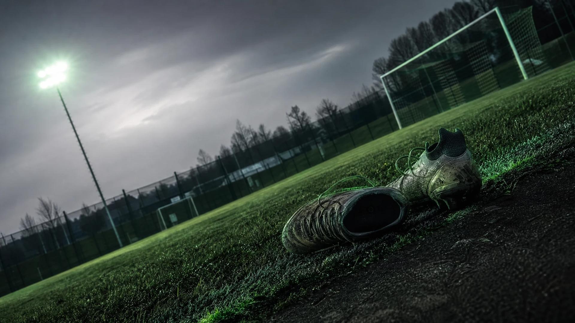 An empty training field with a pair of worn football boots on the sideline, highlighted by cold fluorescent lighting.