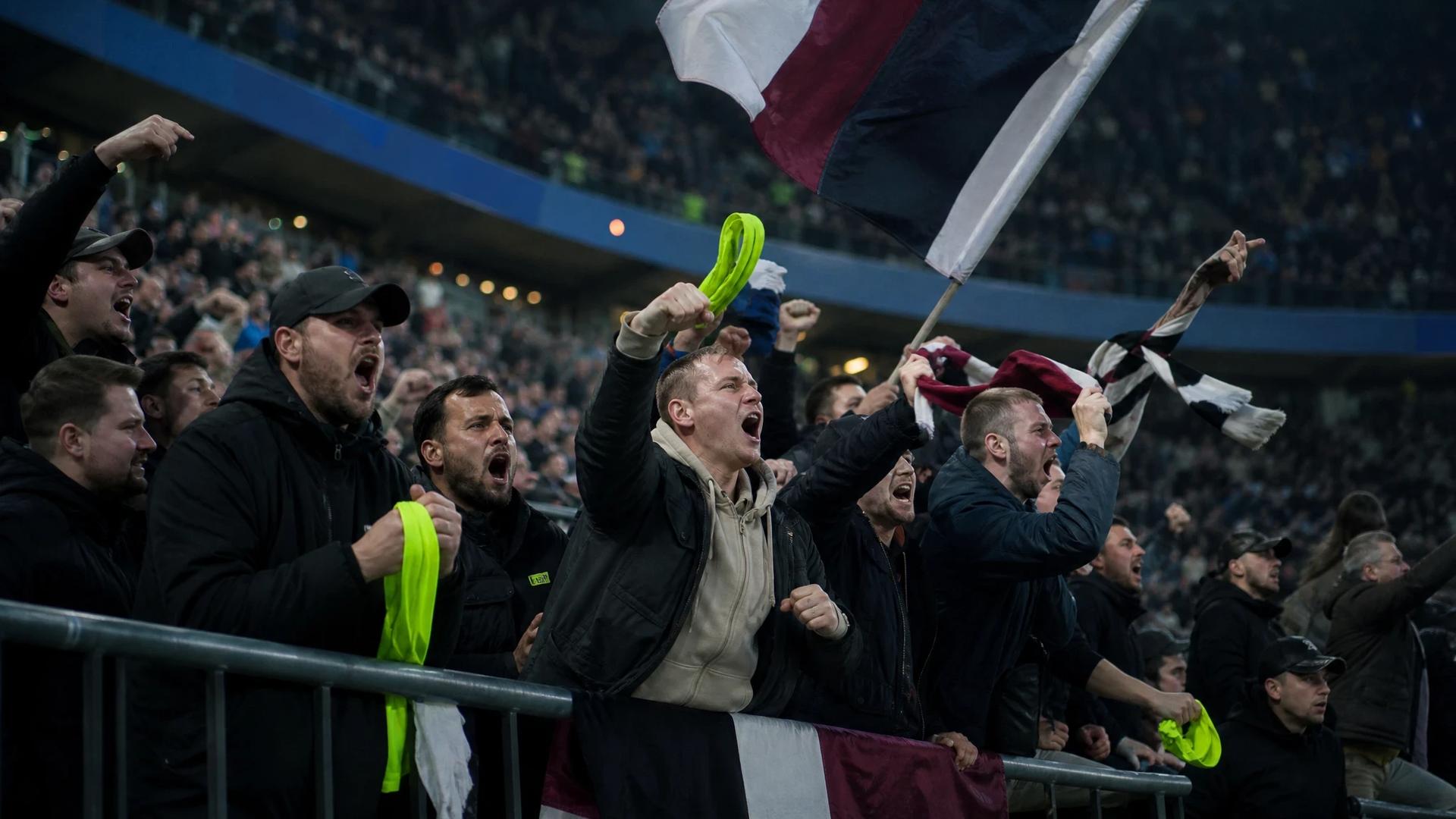 Crowd of football fans at a stadium during a Champions League qualifying match with expressions of anticipation.