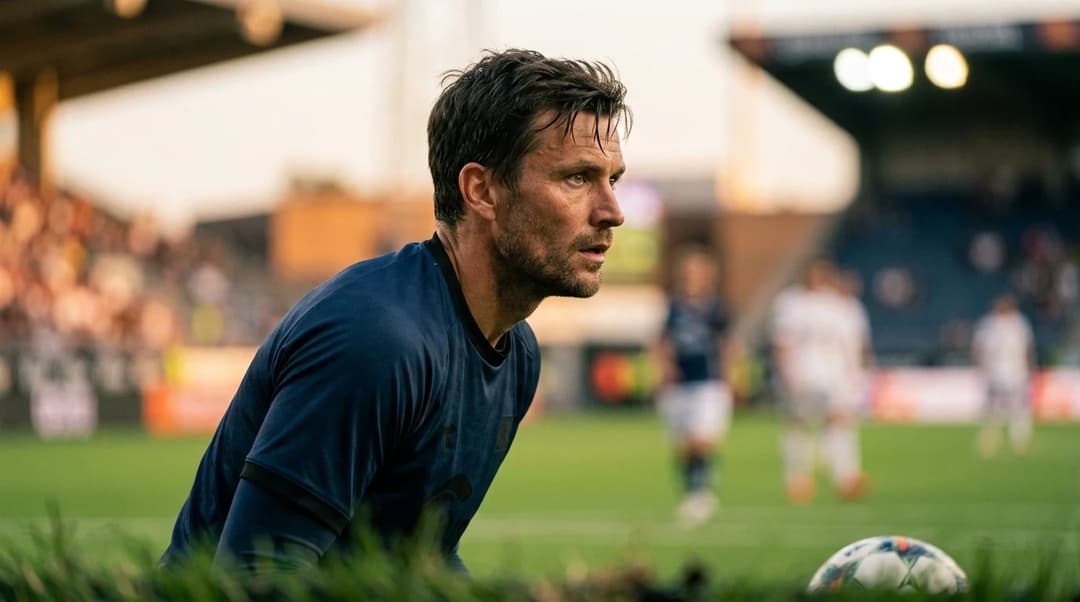 Edvin Austbø, Viking goalkeeper, focused during a match.