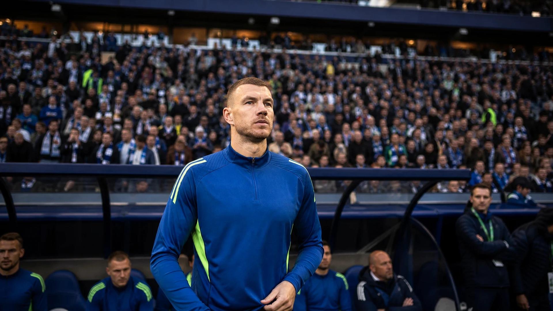 A vibrant football stadium scene featuring Edin Džeko near the touchline, surrounded by enthusiastic fans.