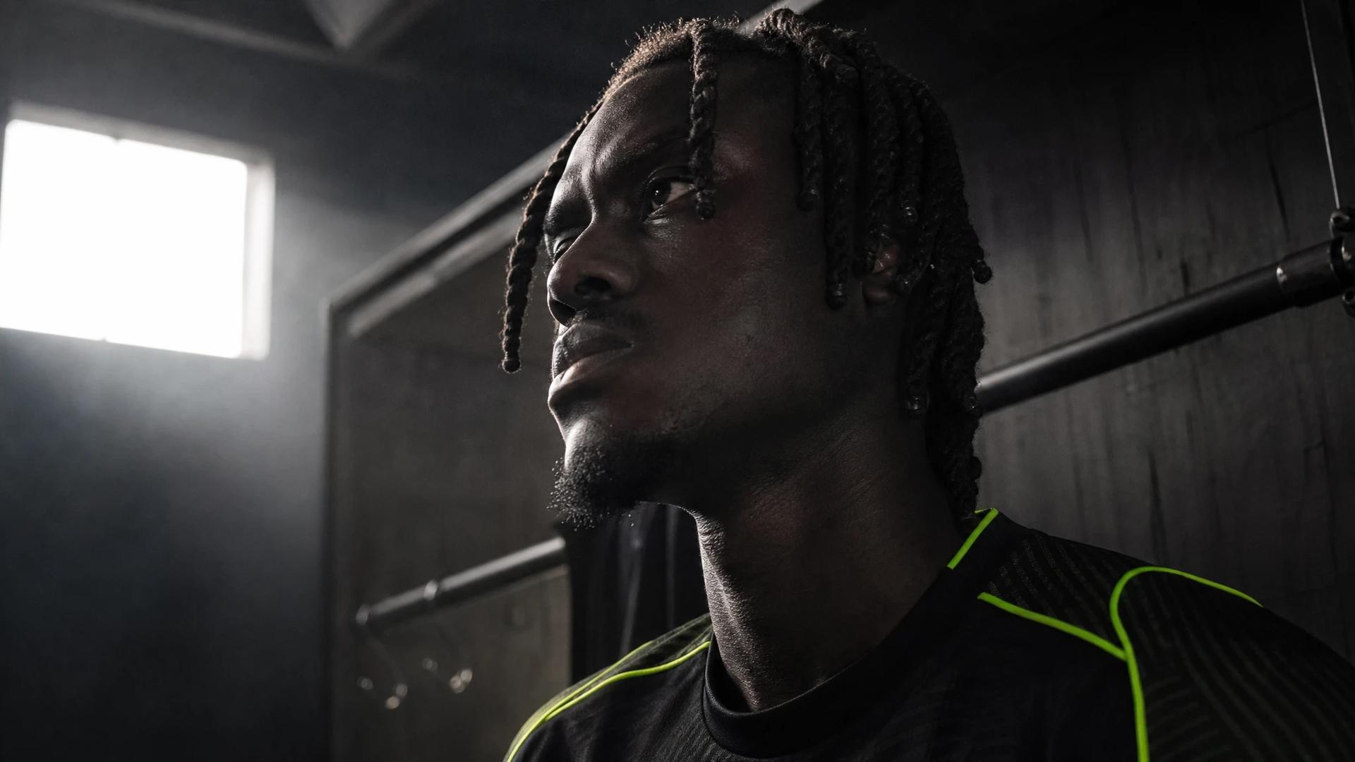 A close-up of Trevoh Chalobah in a dimly lit locker room, reflecting on his recent move to Como, with neon green accents on his kit.
