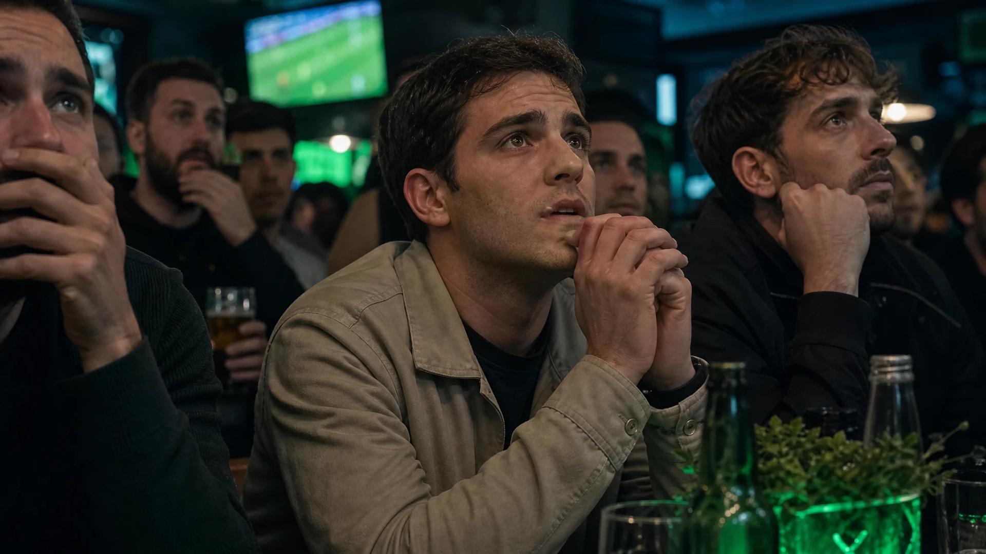 A close-up of football fans in a sports bar during a tense discussion about FC Barcelona's striker situation.