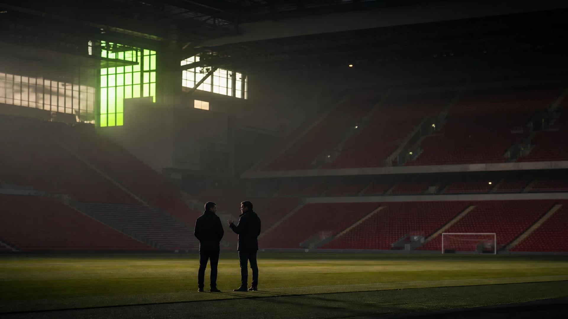 Two figures in a vast empty Anfield discussing tactics, backlit by soft window light.